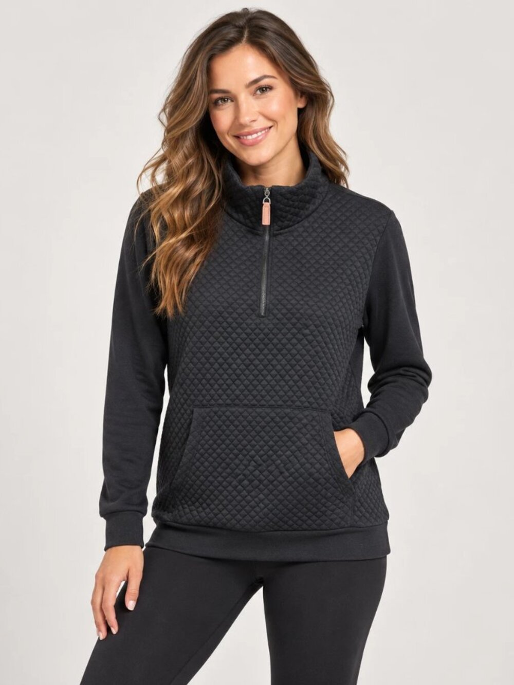 BTFBM Womens M Black Quilted Quarter Zip Pullover Athleisure Kangaroo Pocket